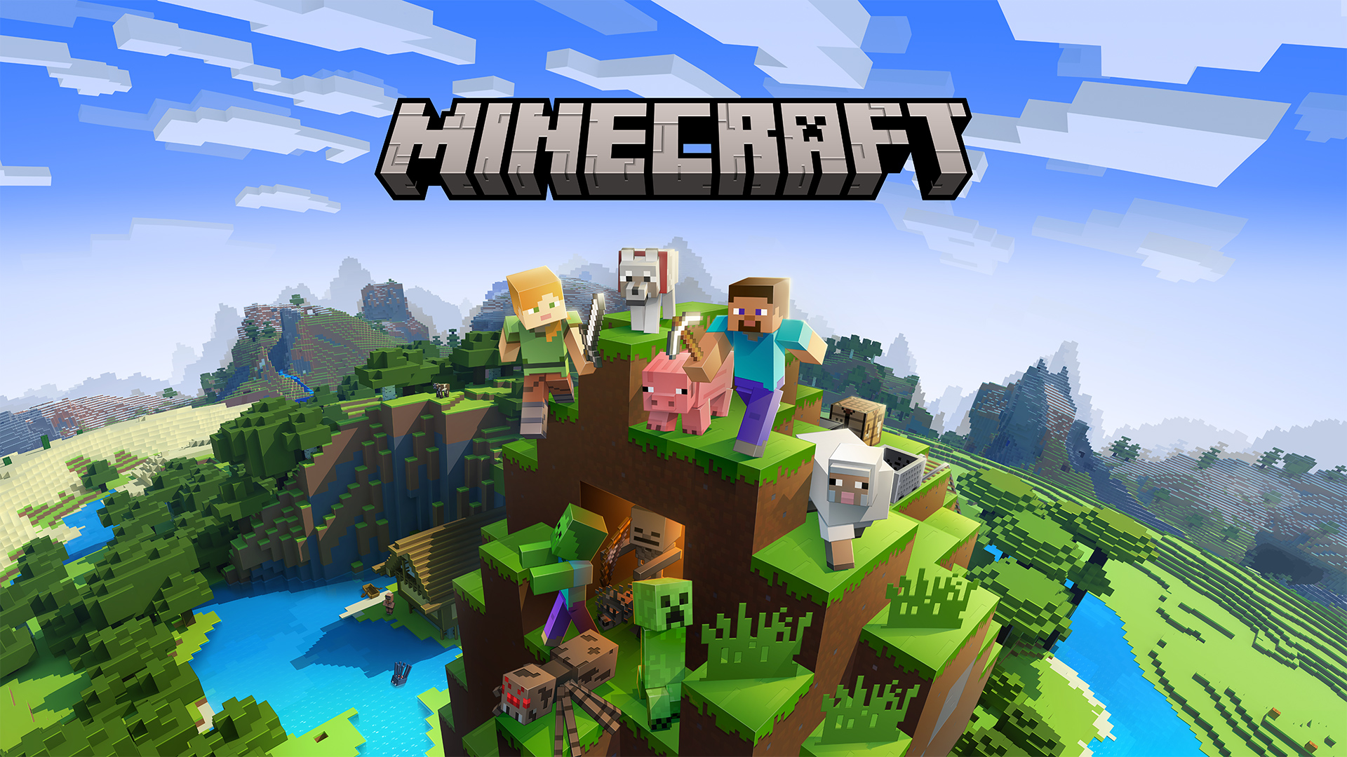 Minecraft: Personaje principal con paisaje de bloques