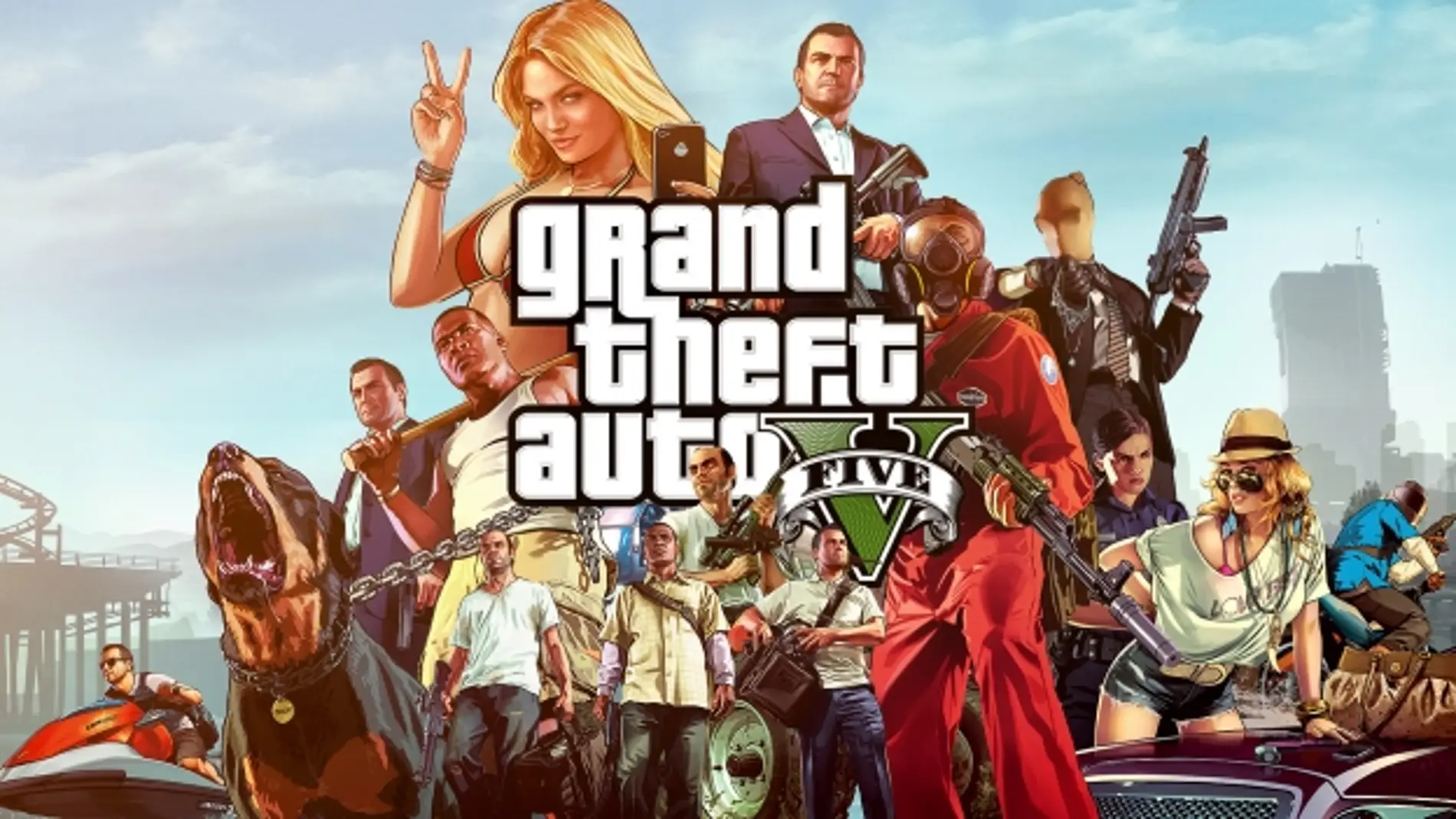 Grand Theft Auto V: Tres personajes en una escena de acción